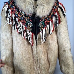 Zara Multicolor Embroidered Faux Fur Jacket